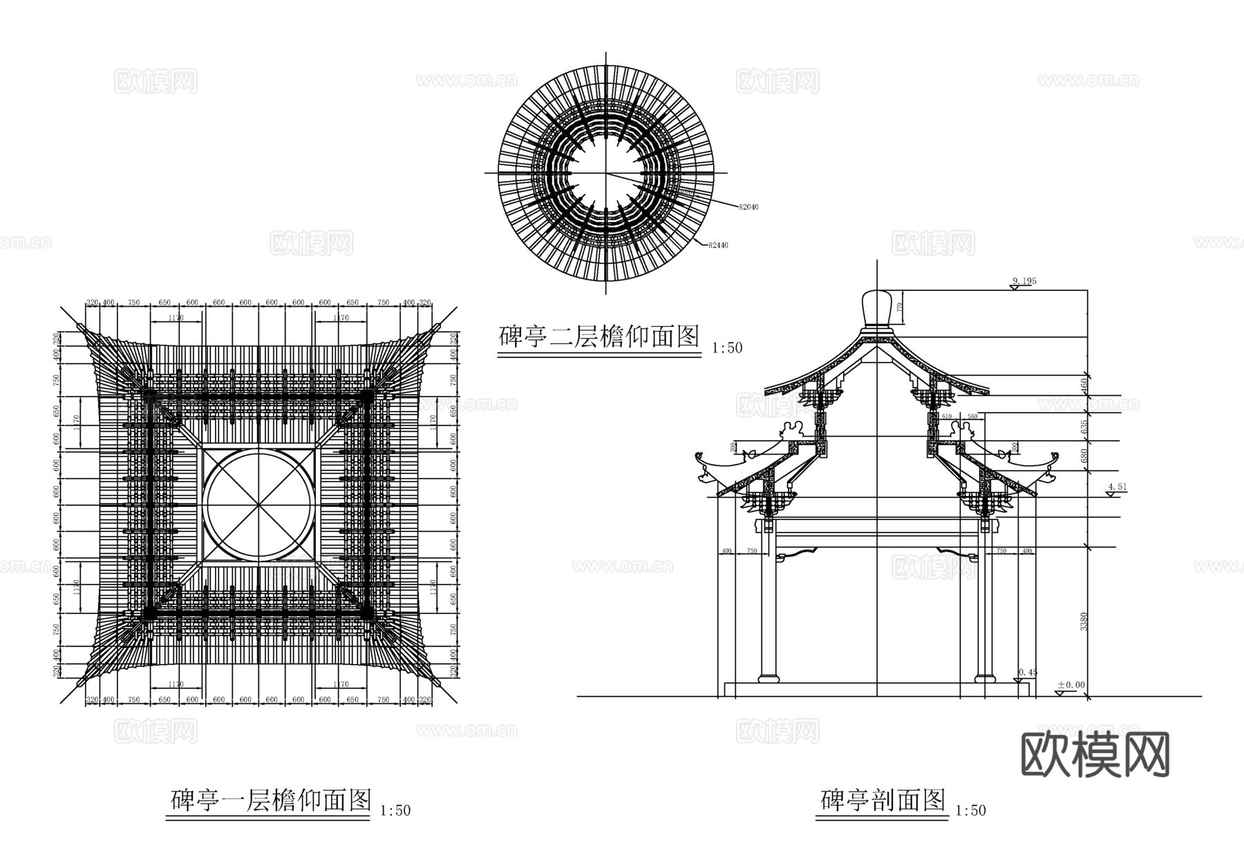 碑亭正立面施工图cad施工图
