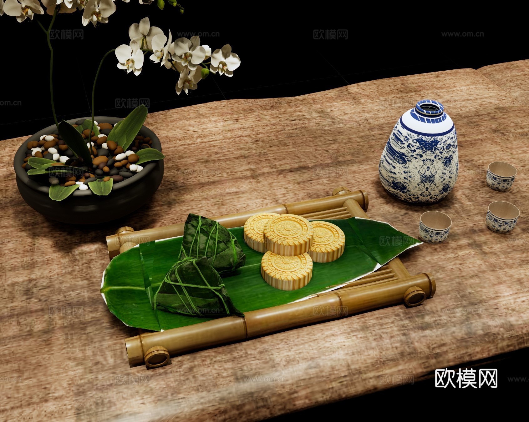 食物饮料 中式点心 端午粽子 绿豆糕 茶具茶杯 中式小吃摆盘su模型