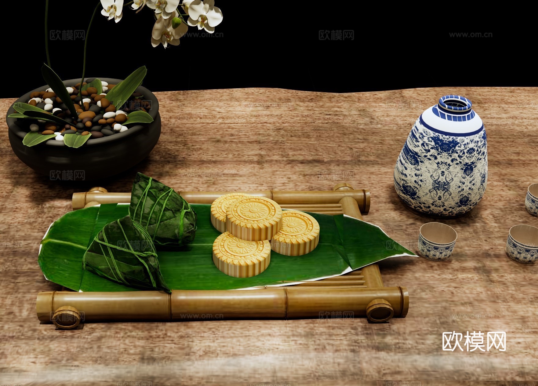 食物饮料 中式点心 端午粽子 绿豆糕 茶具茶杯 中式小吃摆盘su模型