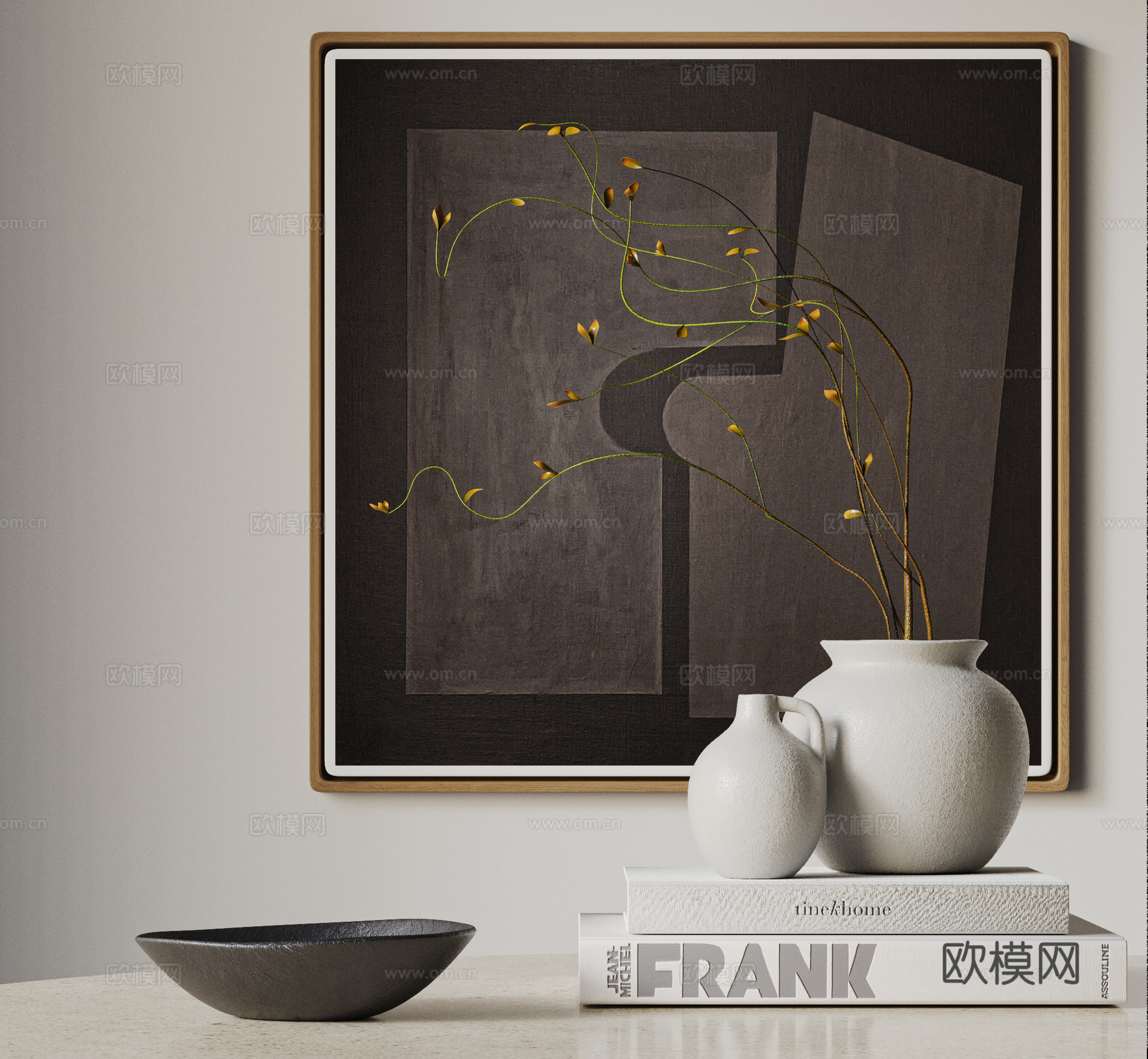 现代陶瓷花瓶 干枝 挂画 书籍 摆件组合 装饰品  侘寂摆件3d模型