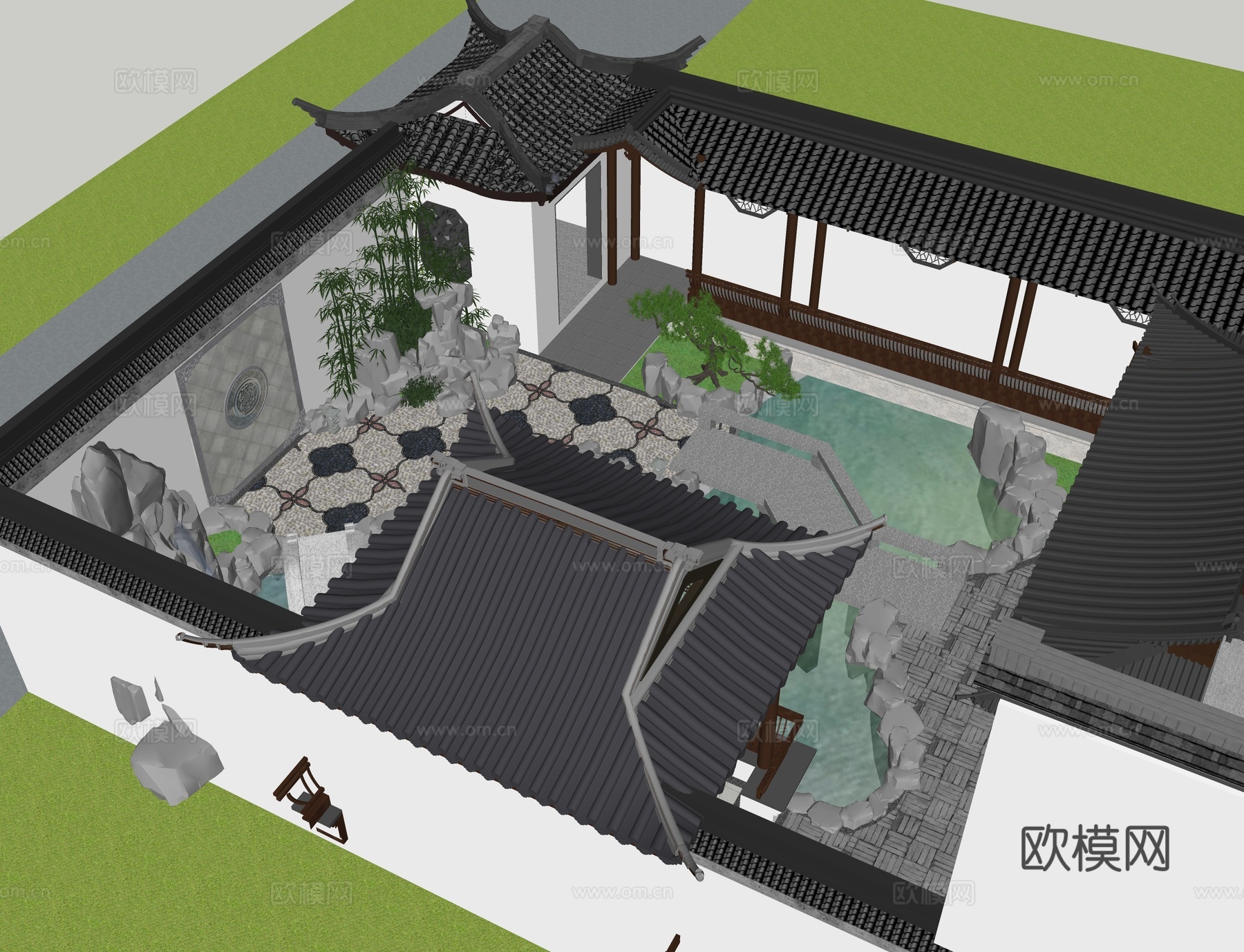 新中式别墅庭院 别墅区 新中式庭院su模型