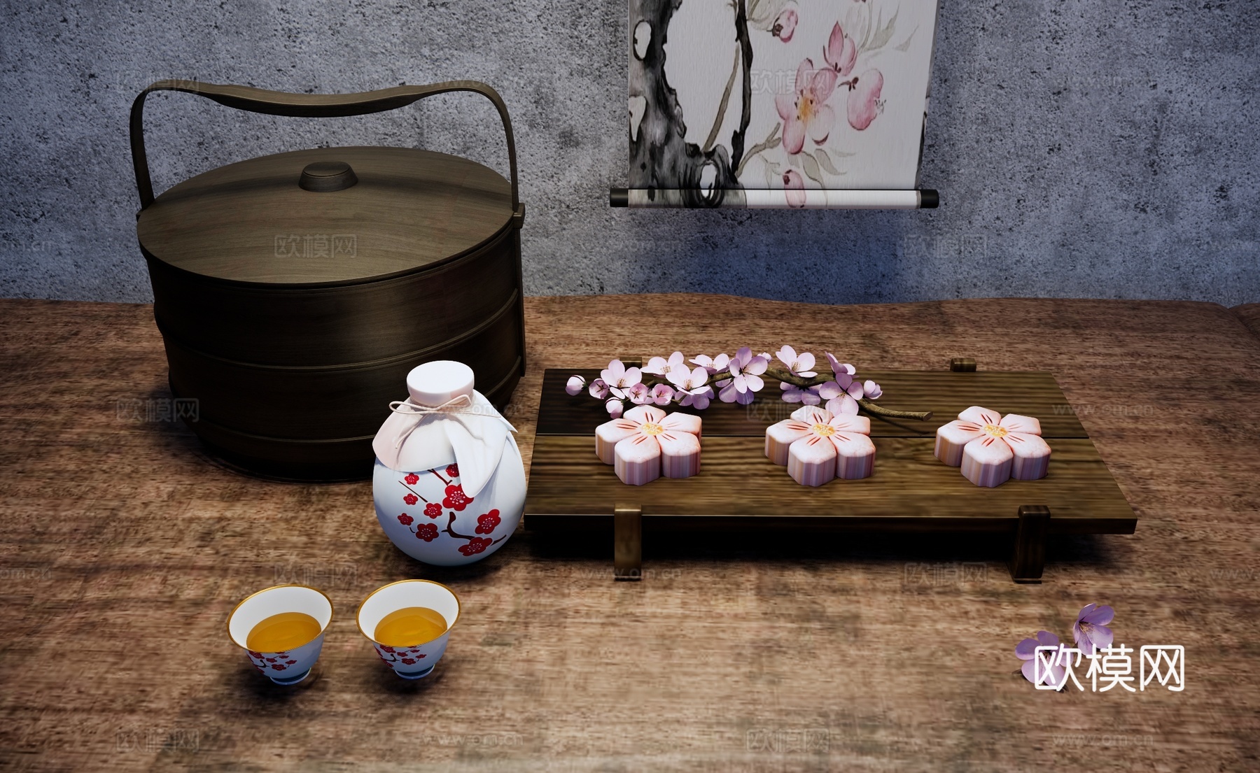 中式食盒 桃花月饼 糕点 桃花酒 桃花酥su模型