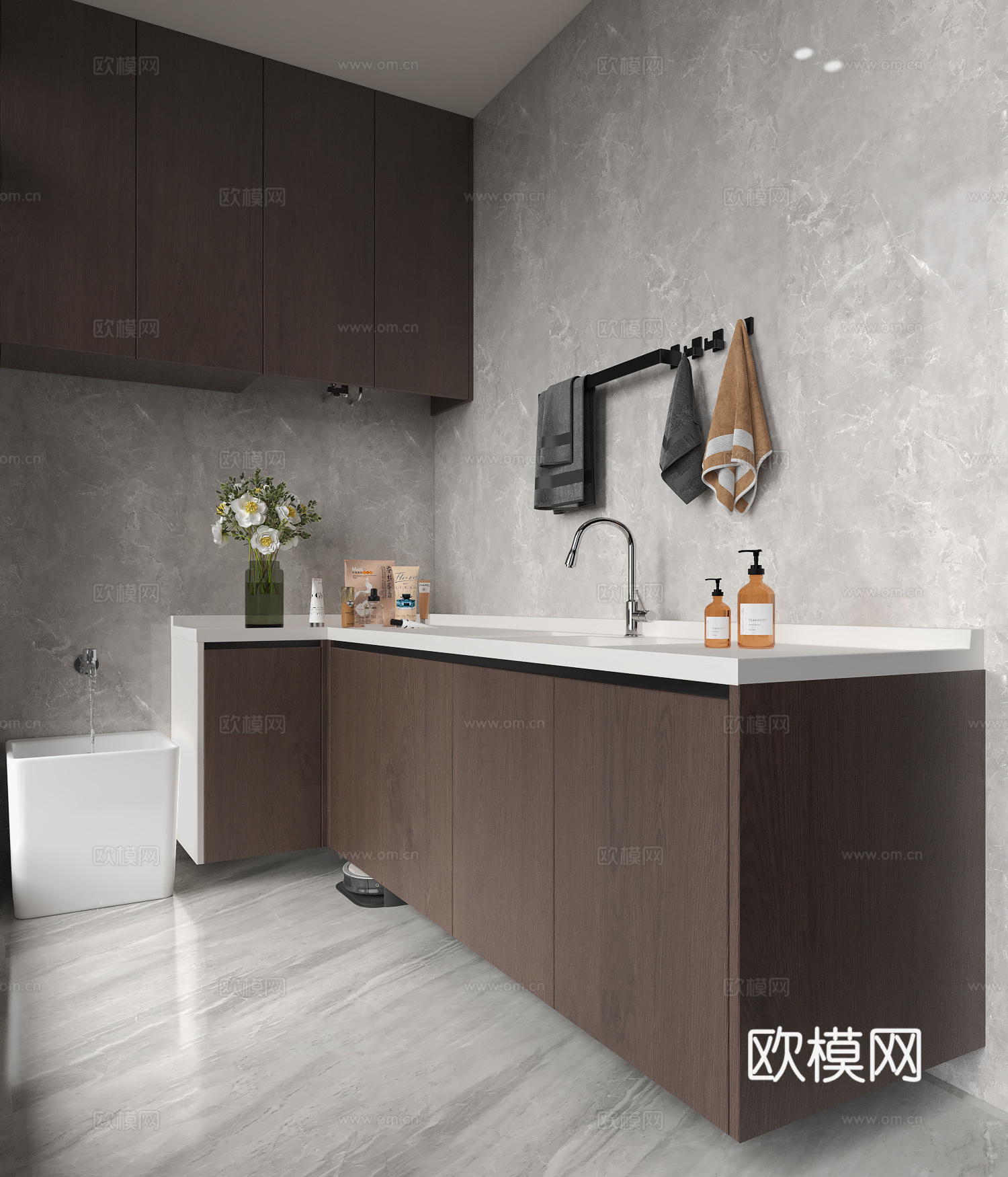 现代阳台洗衣台柜 暗藏式热水器吊柜 成品墙排拖帕池 L型洗衣3d模型
