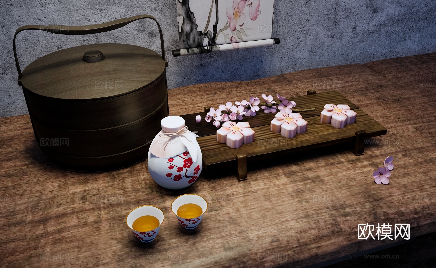 中式食盒 桃花月饼 糕点 桃花酒 桃花酥su模型