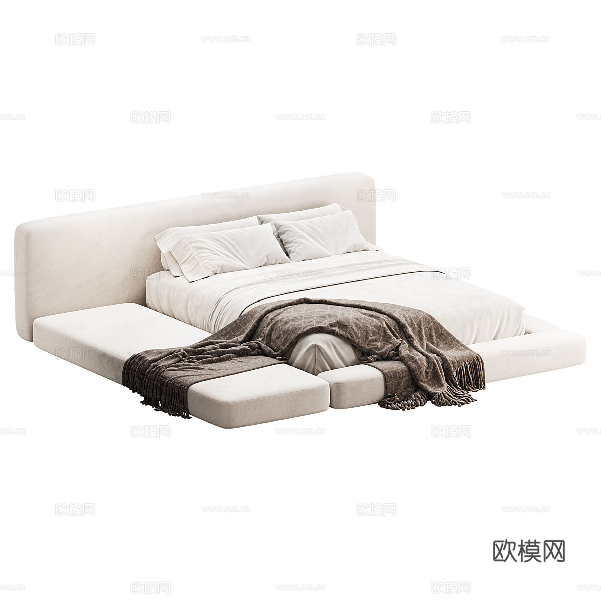 现代意式奶油风布艺双人床3d模型