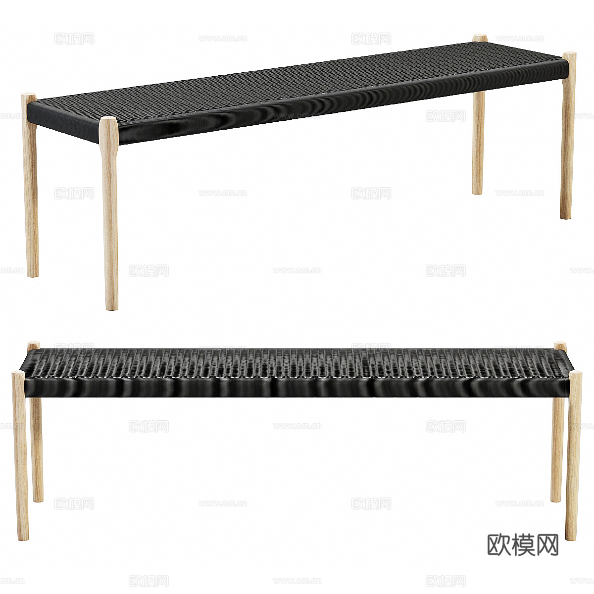 新中式藤编木质长凳3d模型