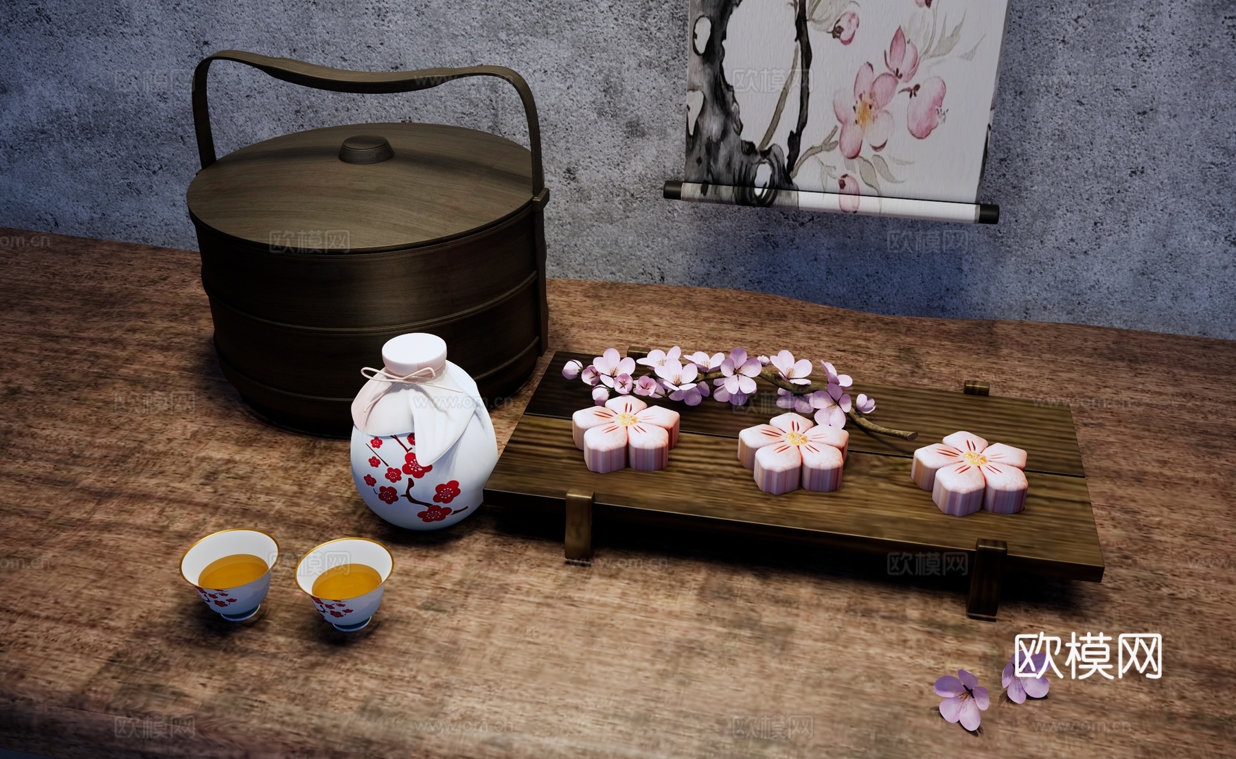 中式食盒 桃花月饼 糕点 桃花酒 桃花酥su模型