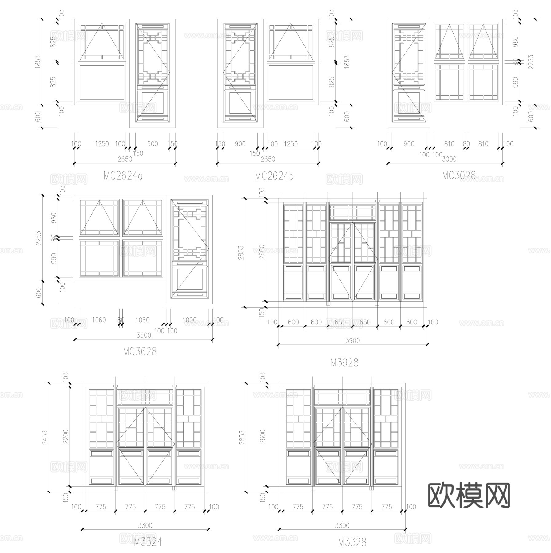 经典仿古建筑常用门窗图cad施工图
