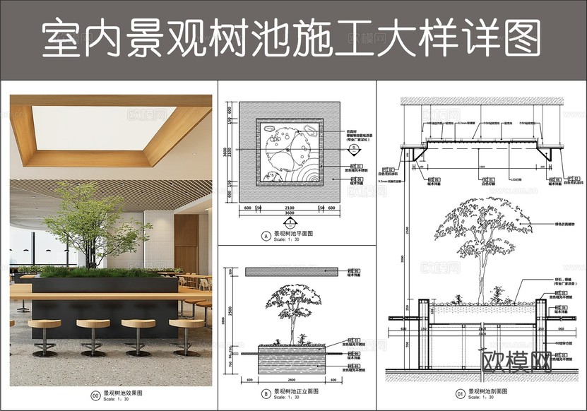綜合家具節(jié)點 室內(nèi)景觀樹池 餐廳中島吧臺 室內(nèi)天井造景 天棚cad施工圖下載(渲染圖1)