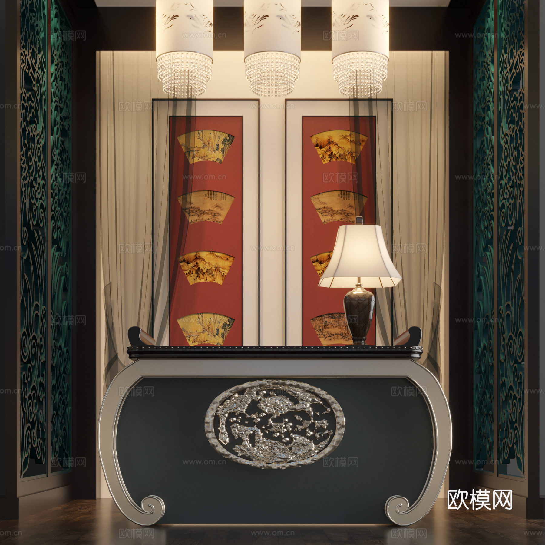 新中式玄关背景墙3d模型