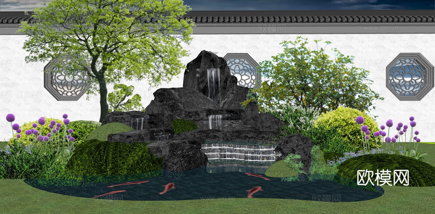 新中式假山水景 园林景观水池 假山跌水瀑布 庭园景观石头组合su模型