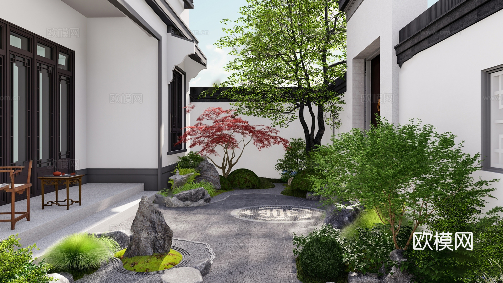 新中式别墅庭院 别墅区 新中式庭院su模型