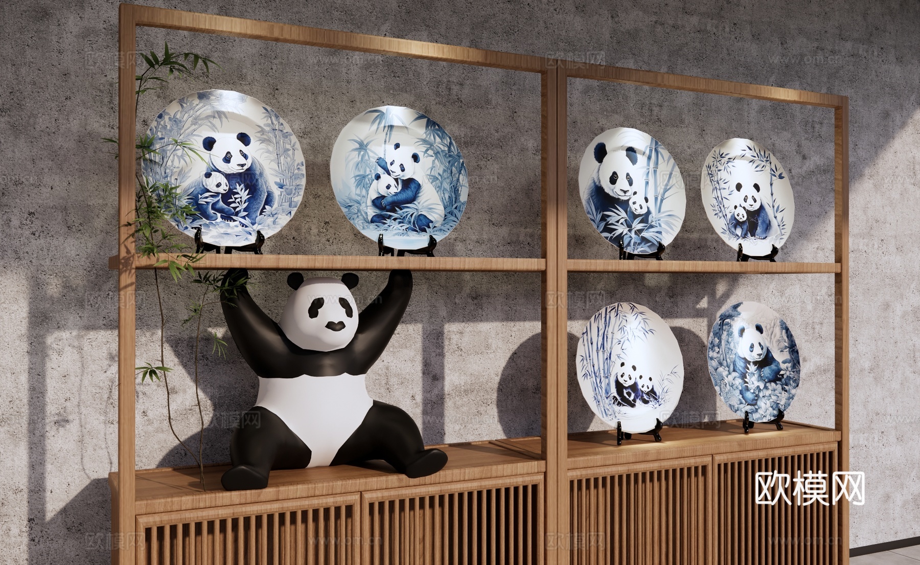 新中式瓷器摆件 青花瓷 瓷盘 大熊猫装饰品 艺术品展览柜 熊su模型