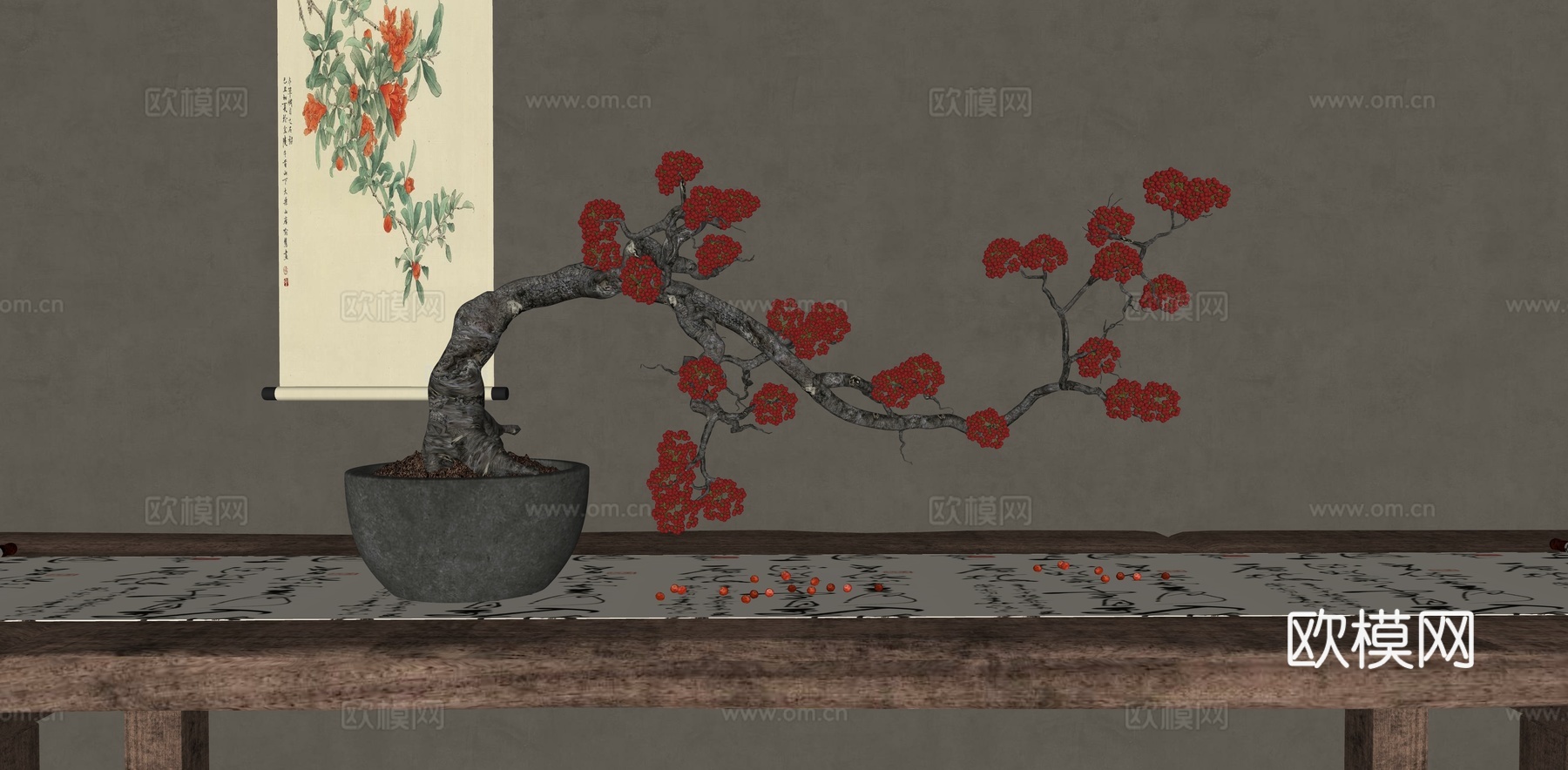 花瓶花艺 侘寂插花 陶罐花艺 造型盆景 陶罐花瓶 干枝 装饰su模型