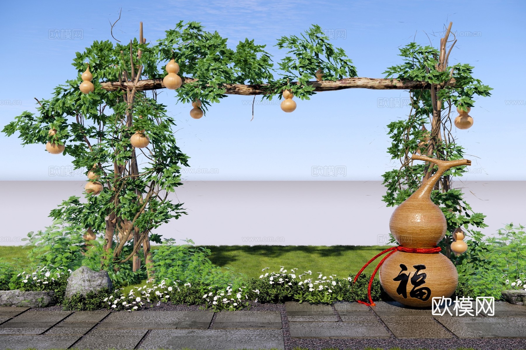 新中式乡村庭院 葫芦藤木架 乡村庭院葫芦种植 葫芦爬藤植物su模型