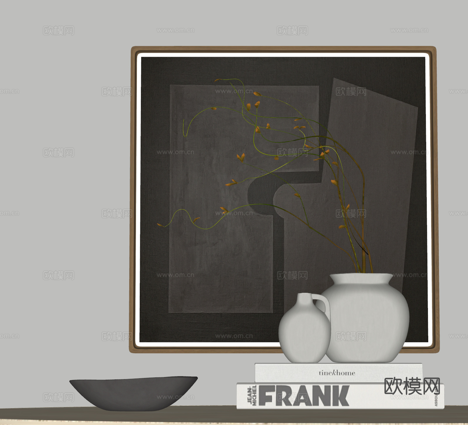 现代陶瓷花瓶 干枝 挂画 书籍 摆件组合 装饰品  侘寂摆件su模型