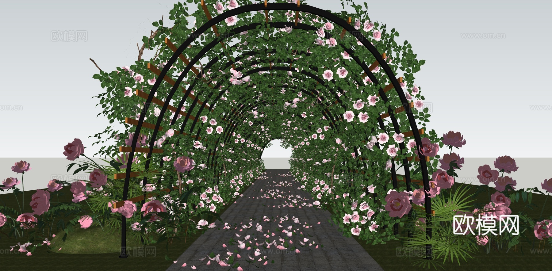 现代廊架 玫瑰花拱廊架 花卉爬藤植物 拱形花架长廊 庭院拱形su模型