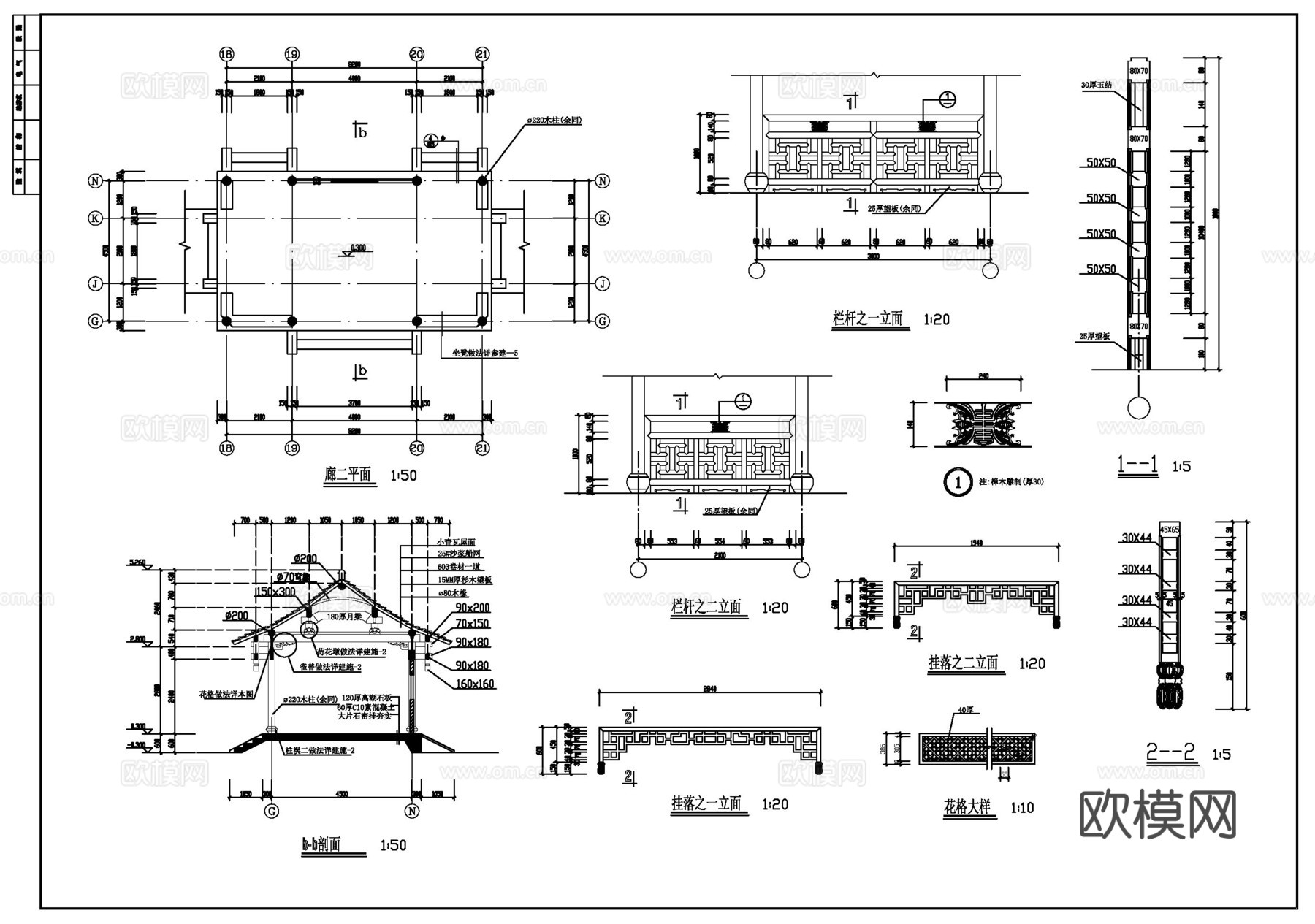 古建长廊建筑施工图cad施工图