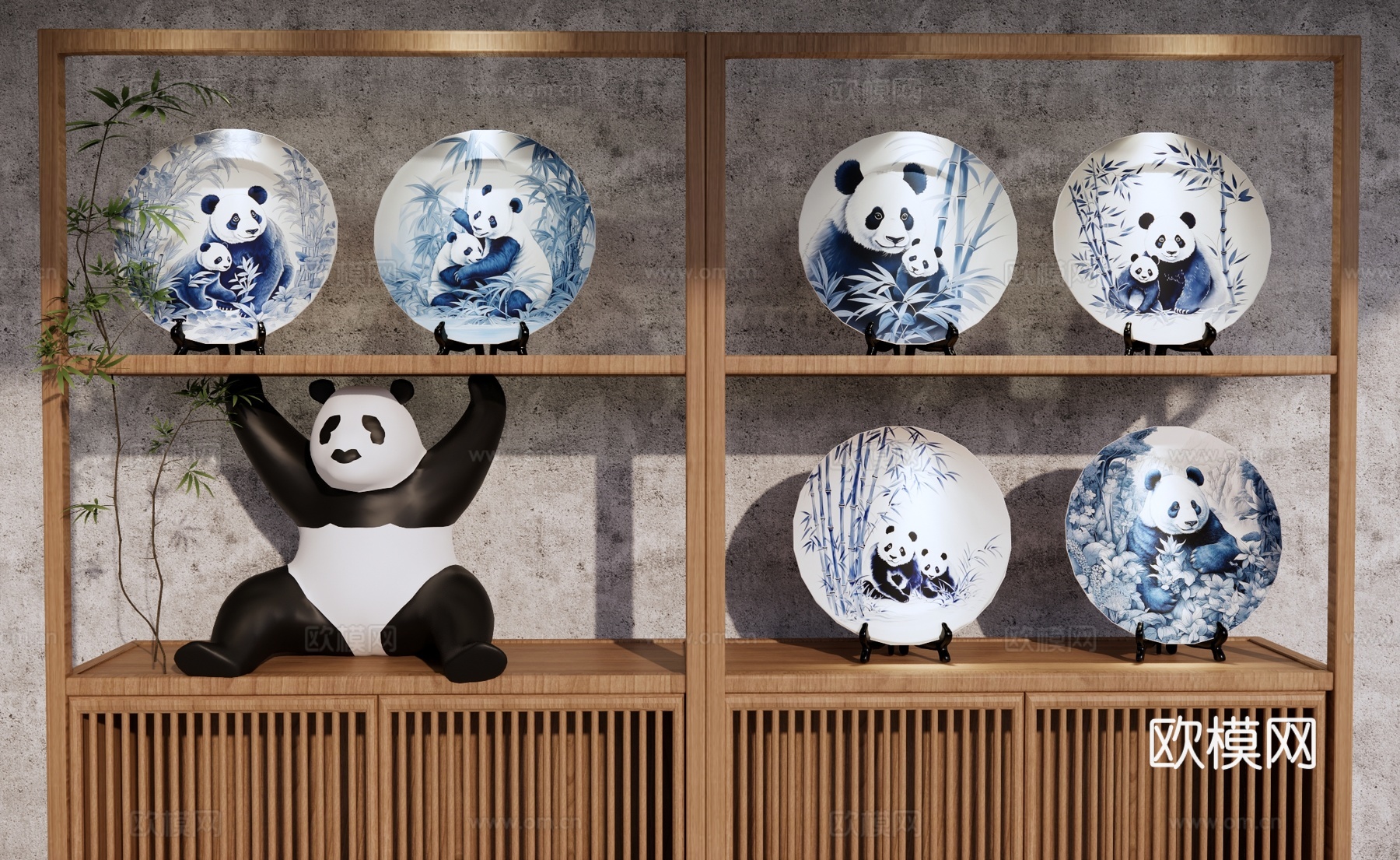 新中式瓷器摆件 青花瓷 瓷盘 大熊猫装饰品 艺术品展览柜 熊su模型