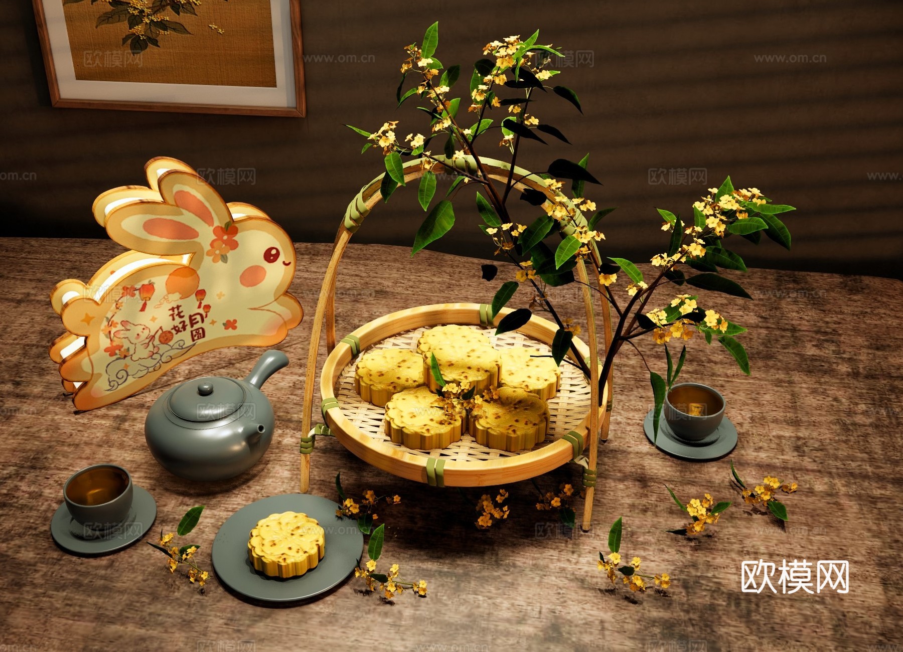 新中式摆件组合 中秋节桂花糕 中式点心糕点 茶具茶杯 中秋兔su模型