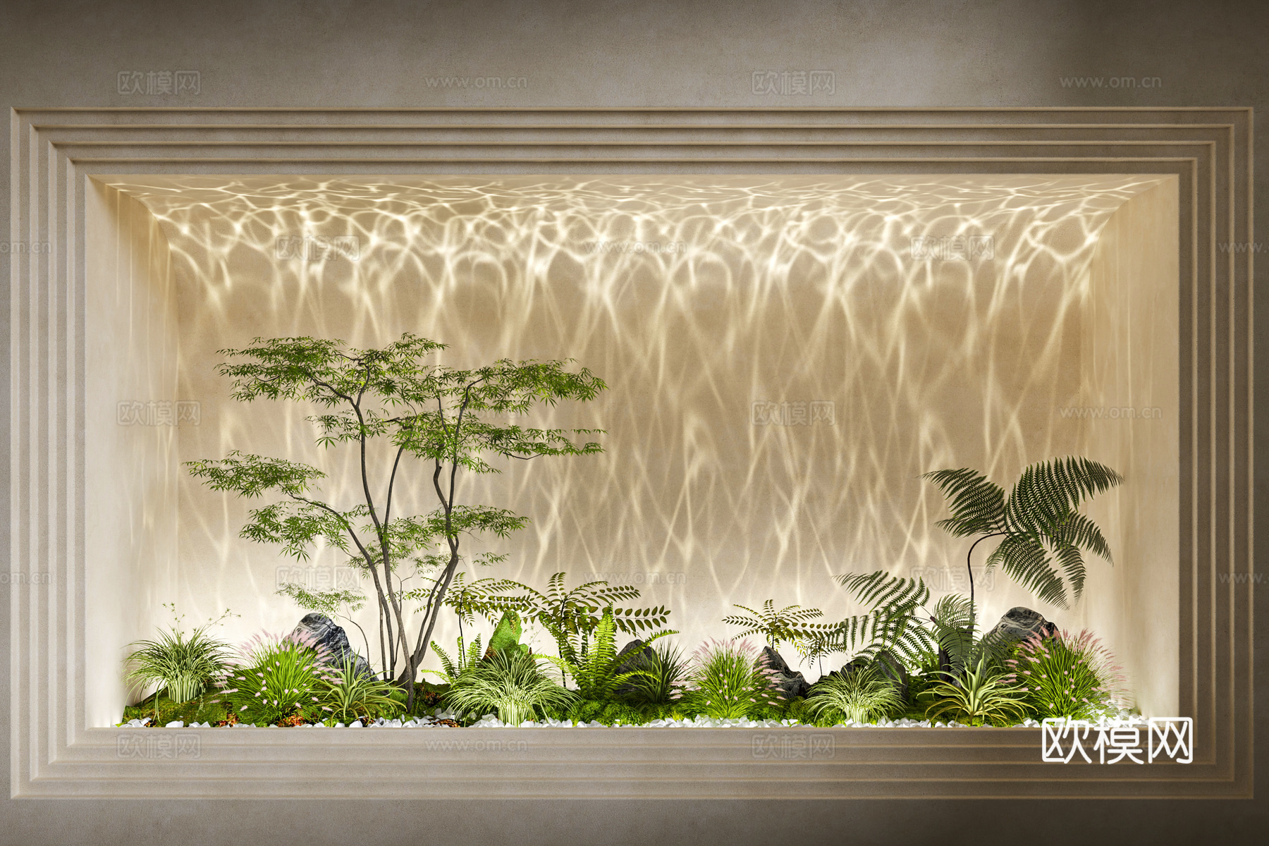 现代 水波纹灯 洗墙灯 装饰灯 室内造景 植物堆 植物造景3d模型