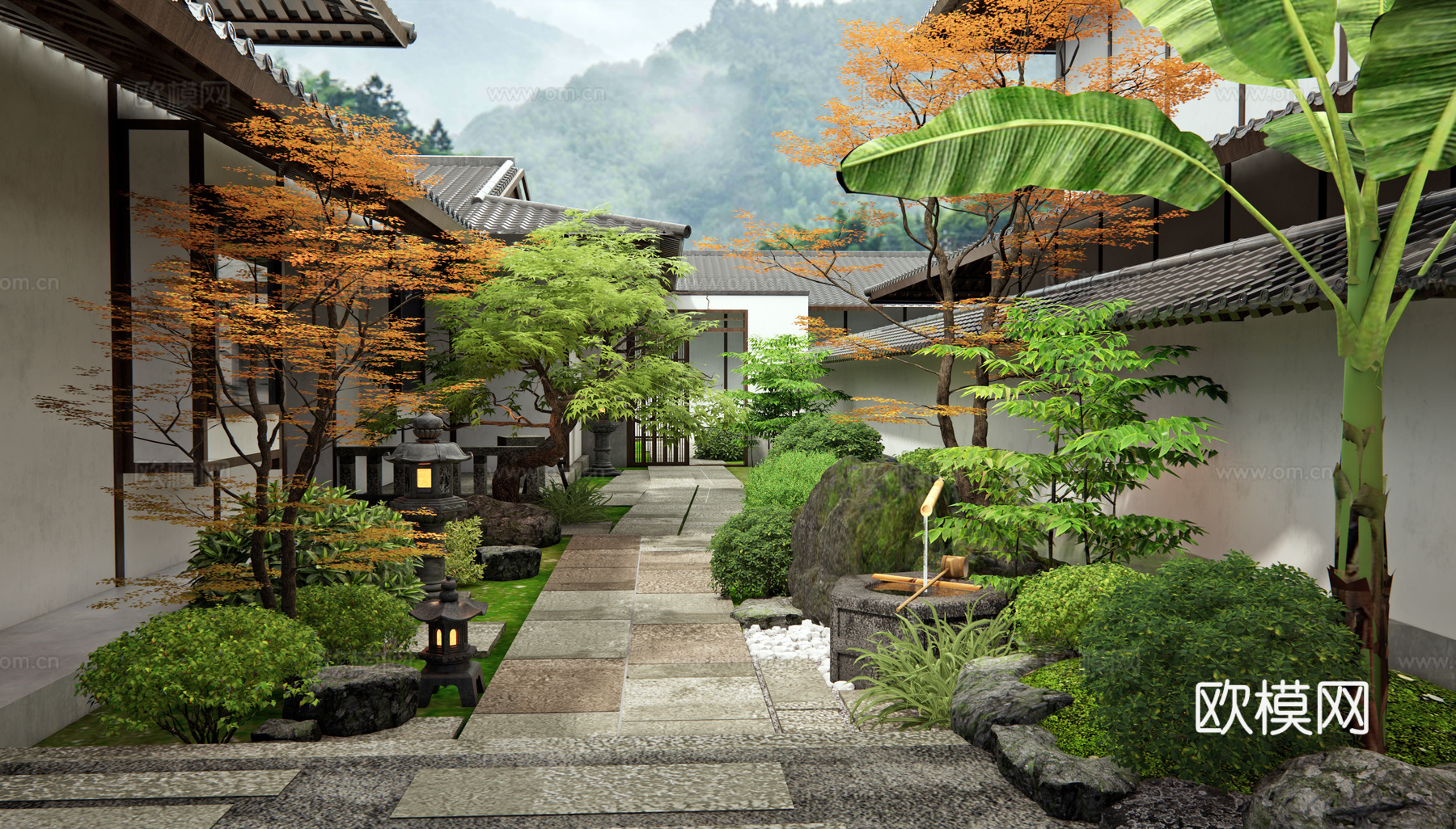日式庭院景观 石板路 灌木 植物组合 水景 水钵 景观树su模型