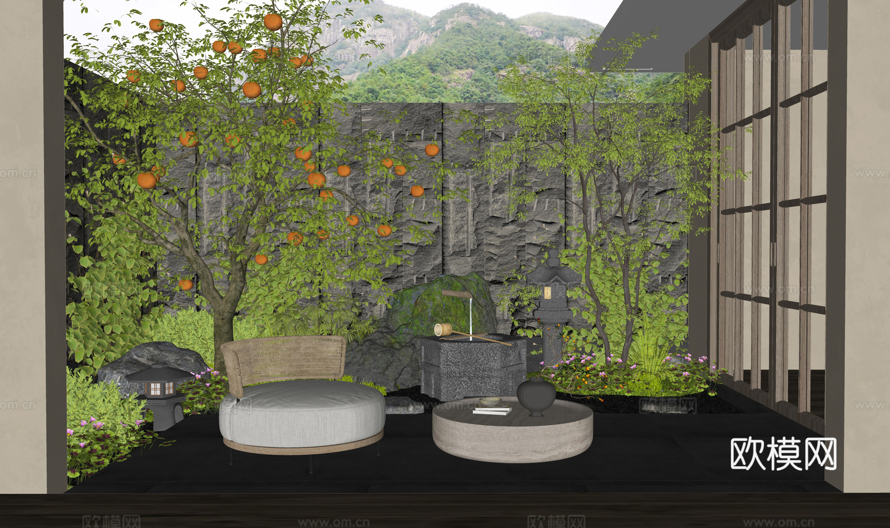 日式庭院花园 柿子树 水景 植物组合 汀步 石头 户外沙发su模型