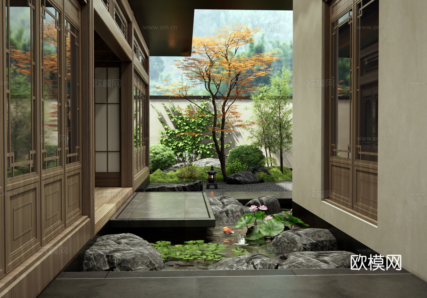 新中式庭院景观 水景 景观石头 荷花 水生植物 植物造景su模型