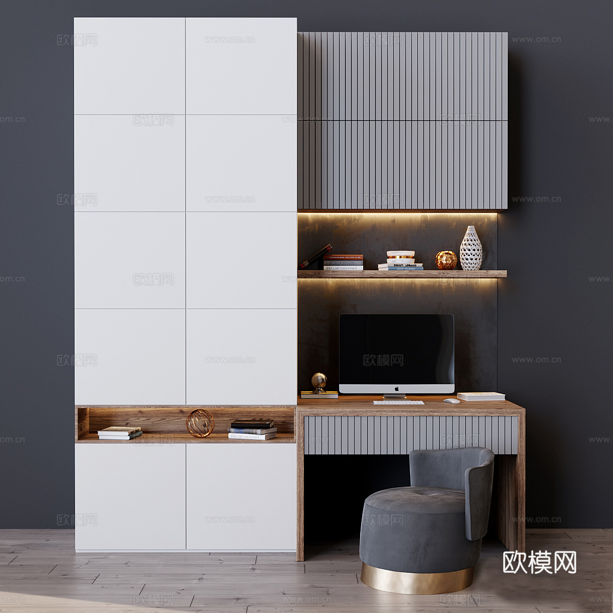 现代书柜 书柜 电脑桌3d模型