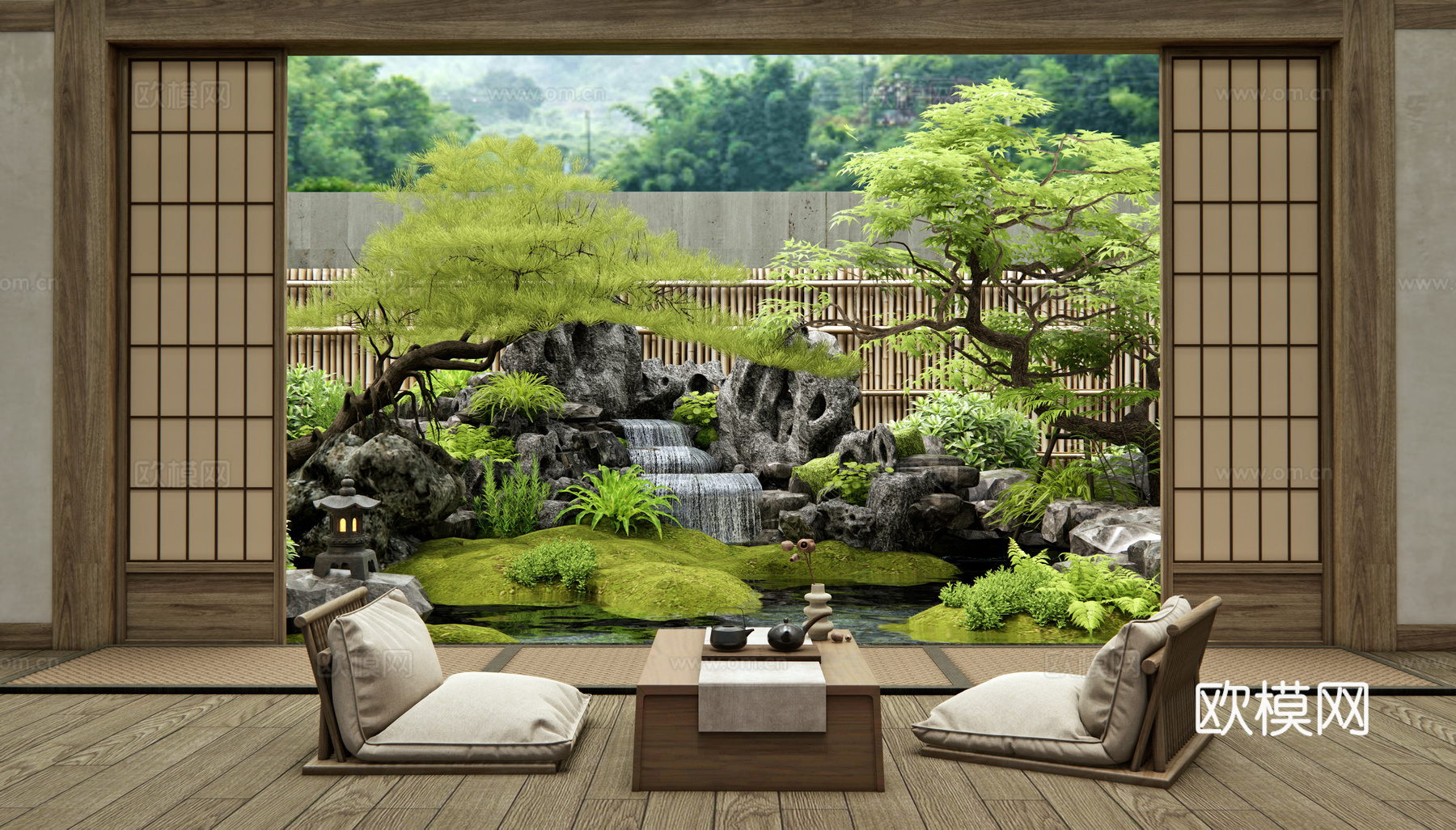 日式庭院景观 假山水景 茶桌椅 水景 景观石 植物景观 松树su模型