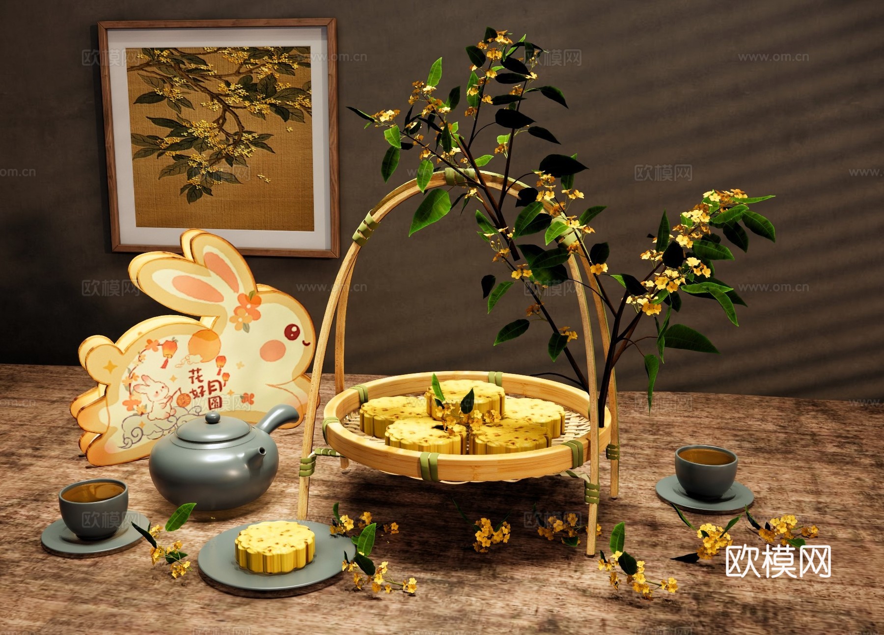 新中式摆件组合 中秋节桂花糕 中式点心糕点 茶具茶杯 中秋兔su模型