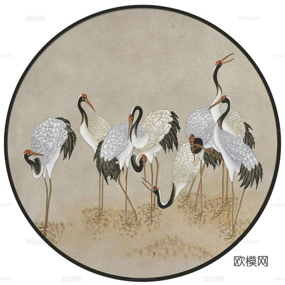 新中式圆形仙鹤装饰画壁画