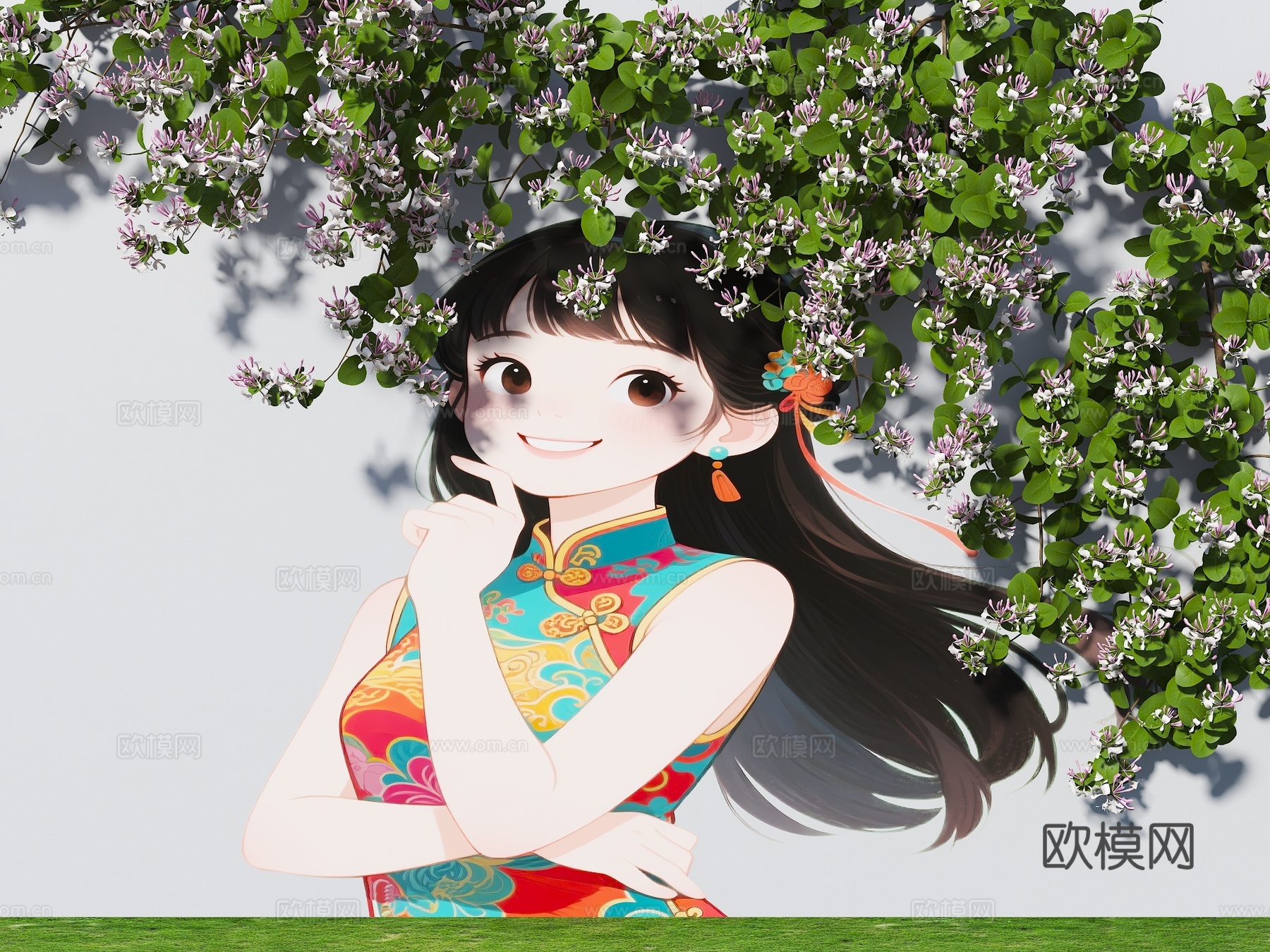 网红打卡墙 治愈少女围墙 美陈花朵围墙 植物花卉 藤爬植物花su模型