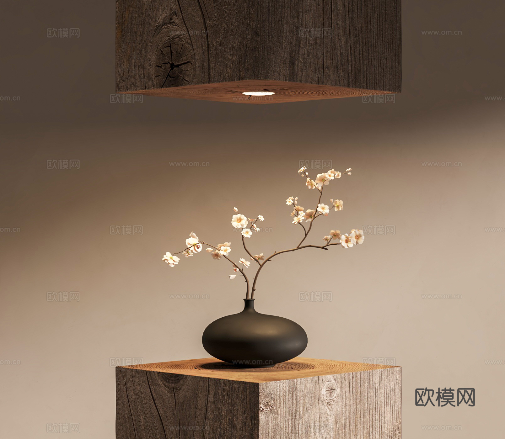 日式花瓶摆件 禅意花瓶花艺 陶瓷花瓶 木桩3d模型