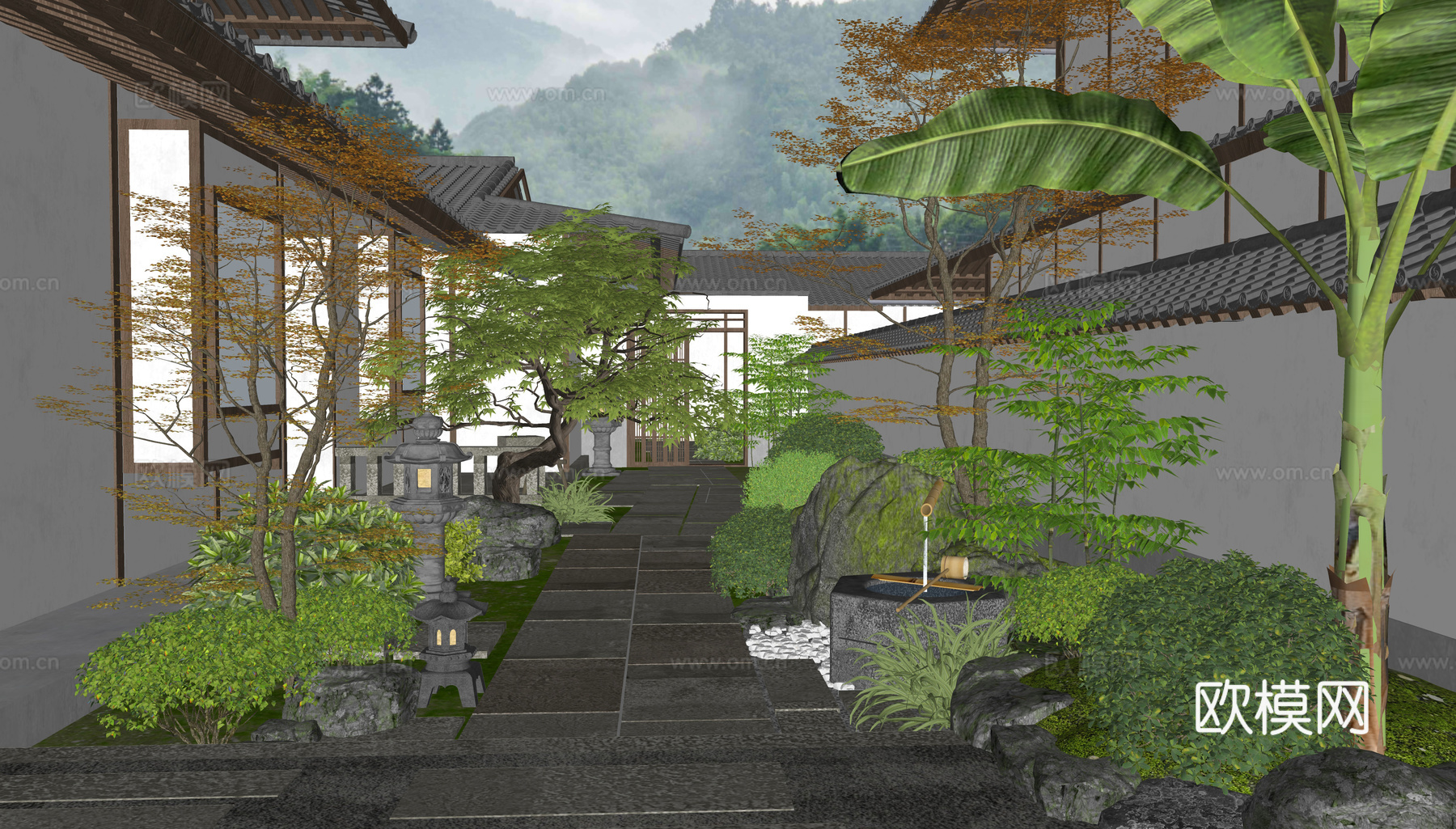 日式庭院景观 石板路 灌木 植物组合 水景 水钵 景观树su模型