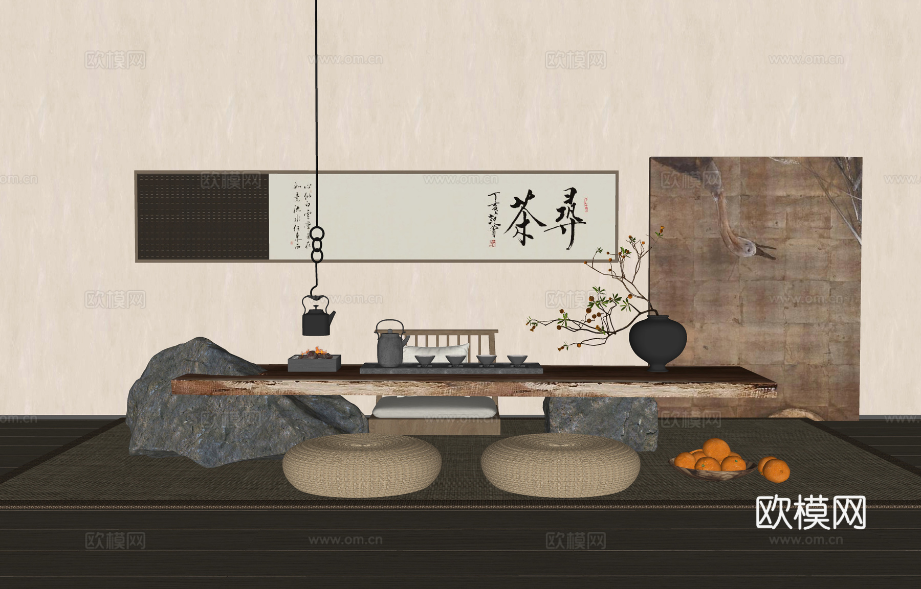 新中式茶桌椅 榻榻米茶桌椅 茶台 墙饰挂件 挂画 花瓶摆件su模型