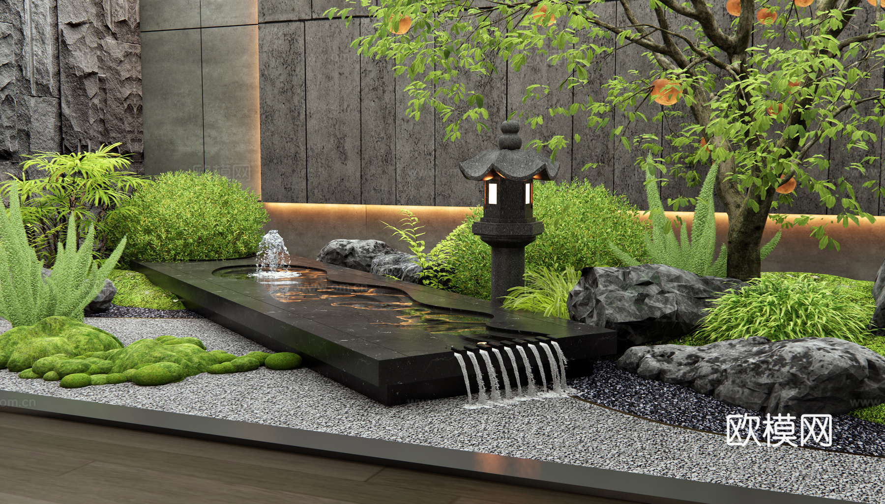 新中式水景 水钵 枯山水 室内景观造景 柿子树 景观石头3d模型