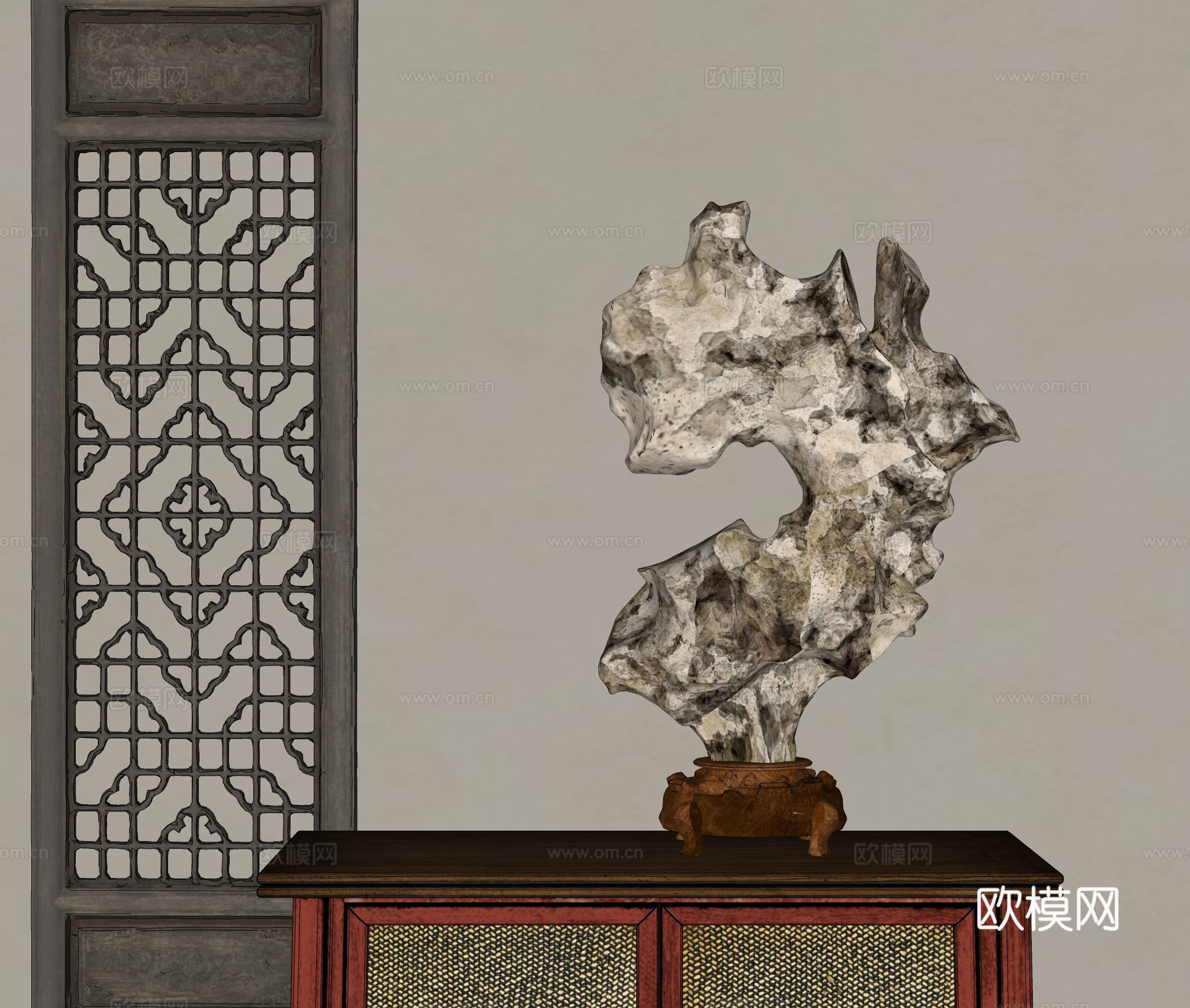 新中式太湖石雕塑摆件 自然石雕塑摆件 花格屏风 玄关端景桌su模型