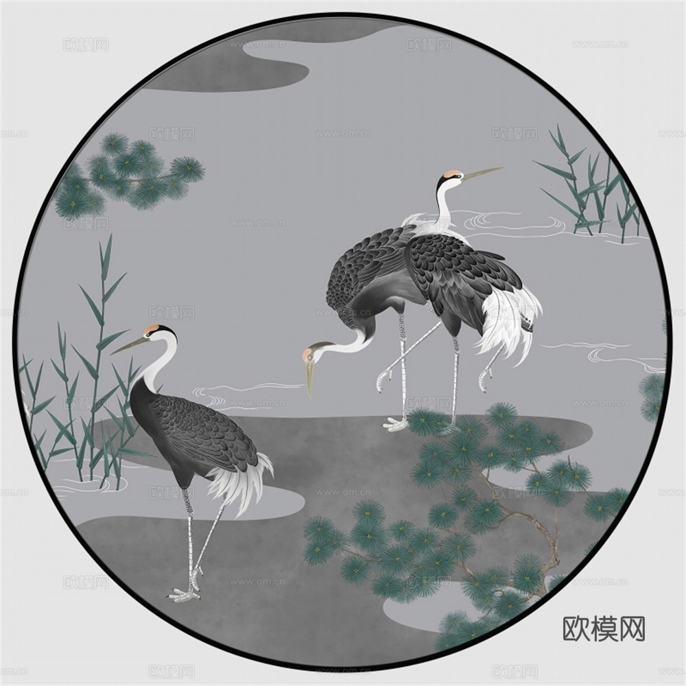 新中式圆形仙鹤水墨山水装饰画壁画