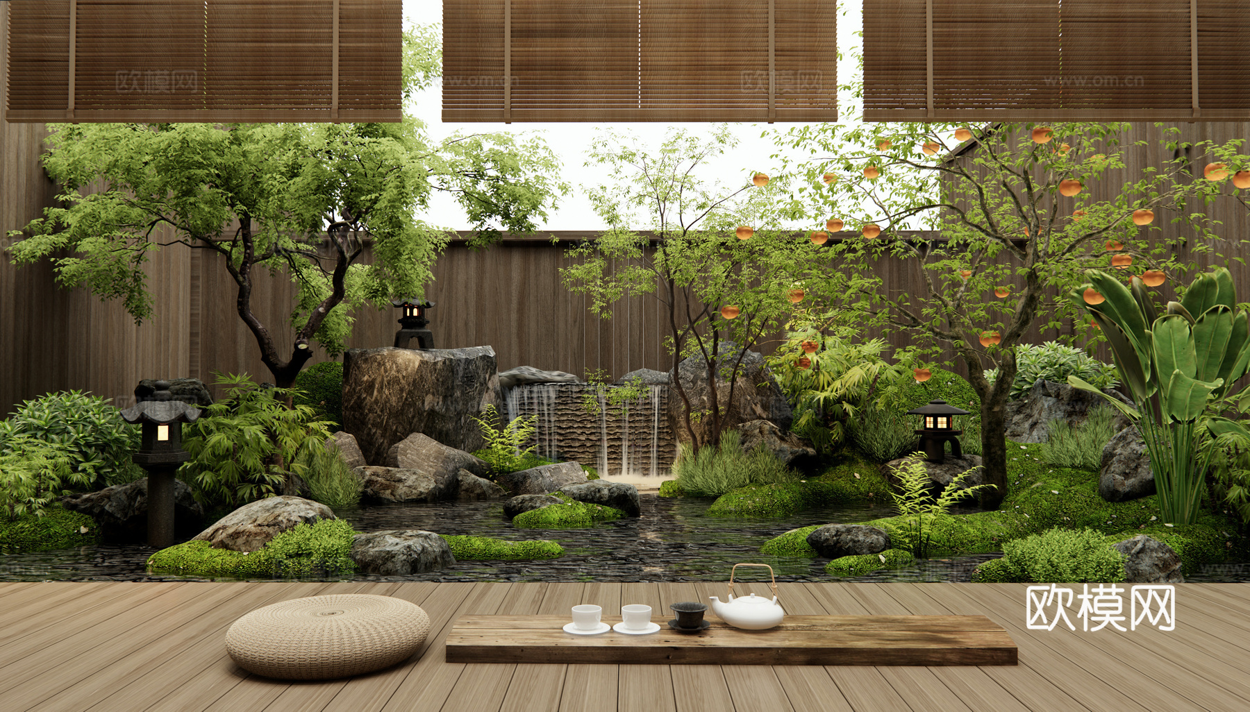 日式禅意庭院景观 枯山水 假山水景 跌水景观 植物组合su模型