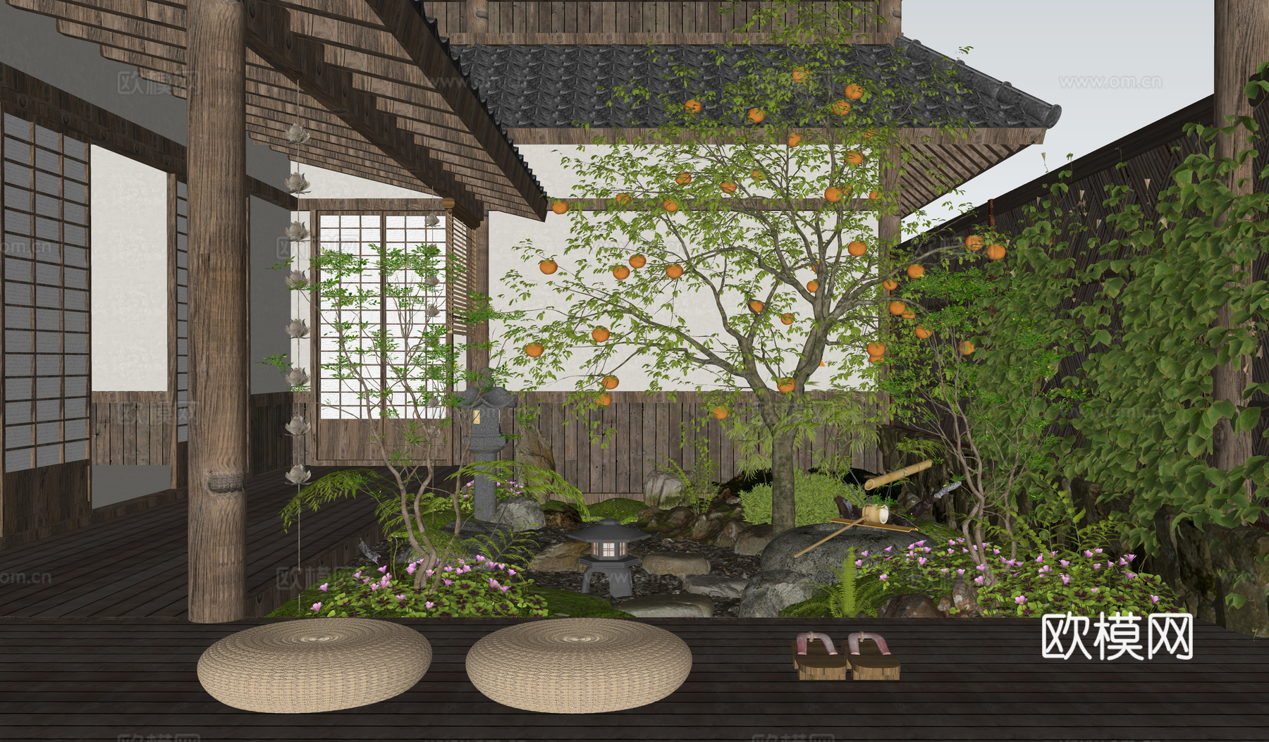 日式庭院景观 柿子树 禅意庭院 水景 景观造景 植物景观su模型