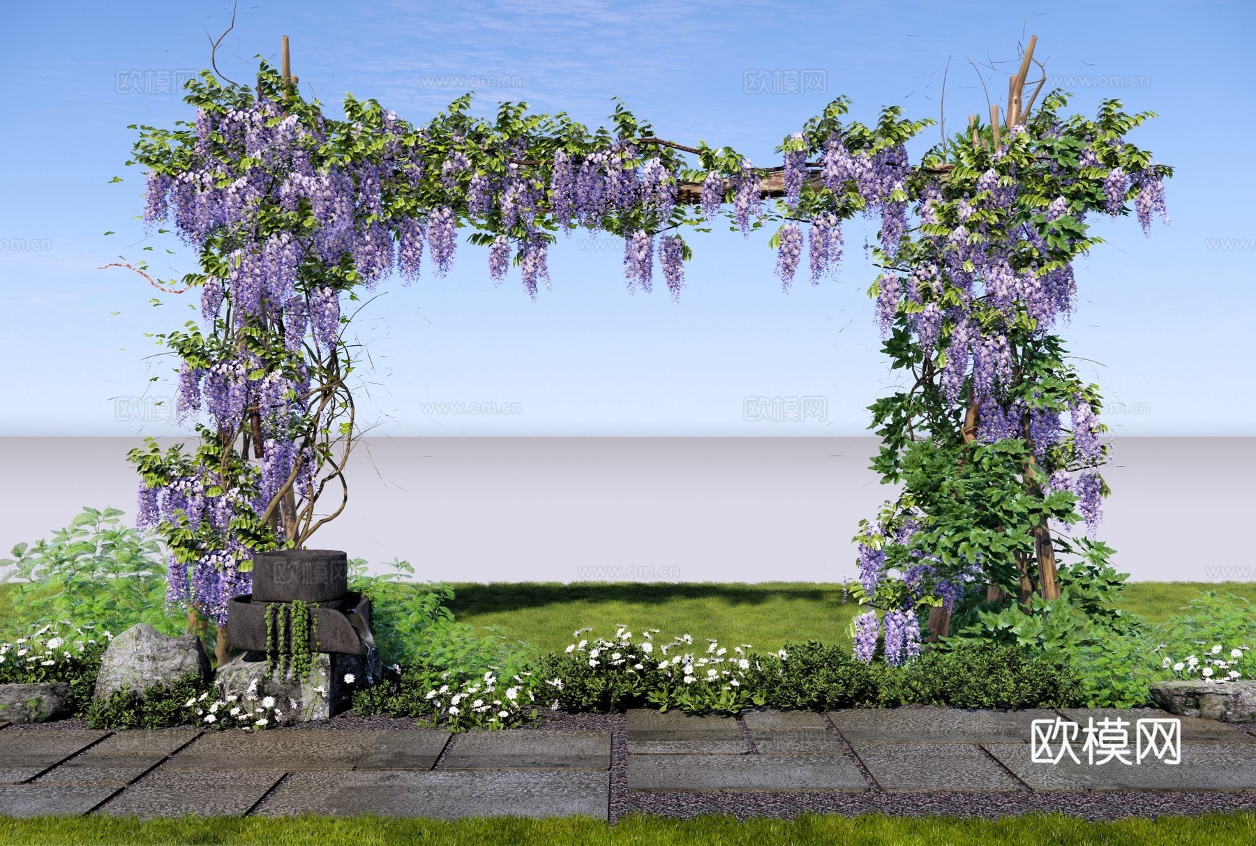 新中式庭院小品 紫藤萝花架 庭院花园花架 紫藤萝爬藤植物su模型