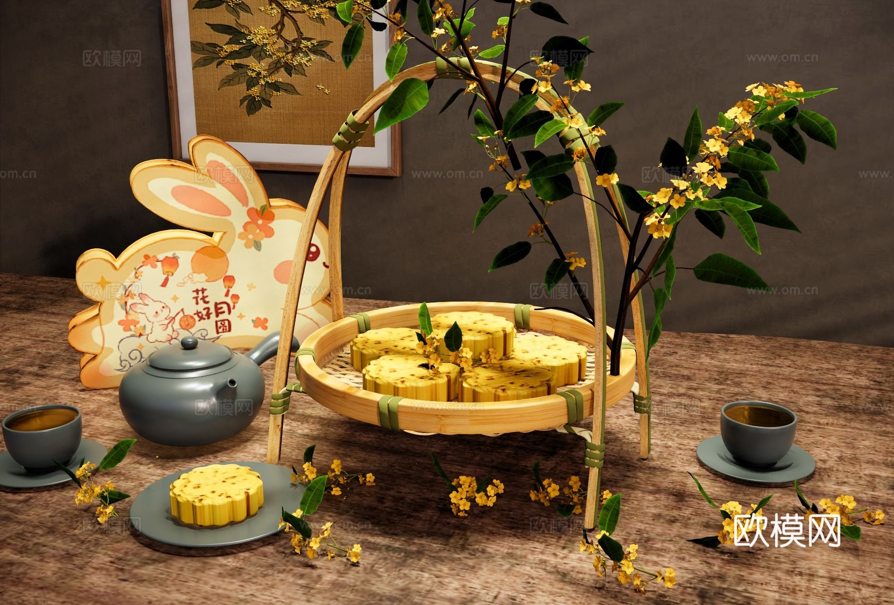 新中式摆件组合 中秋节桂花糕 中式点心糕点 茶具茶杯 中秋兔su模型