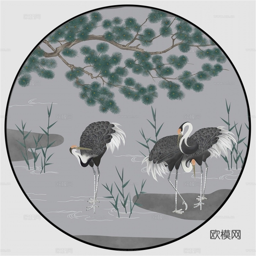 新中式圆形仙鹤水墨山水装饰画壁画