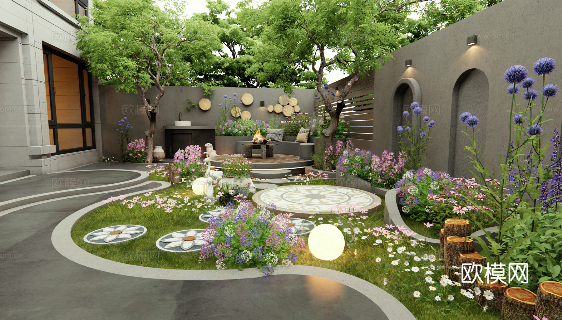 现代别墅庭院花园 弧形花坛 花草植物 植物堆 灌木 景观座椅3d模型