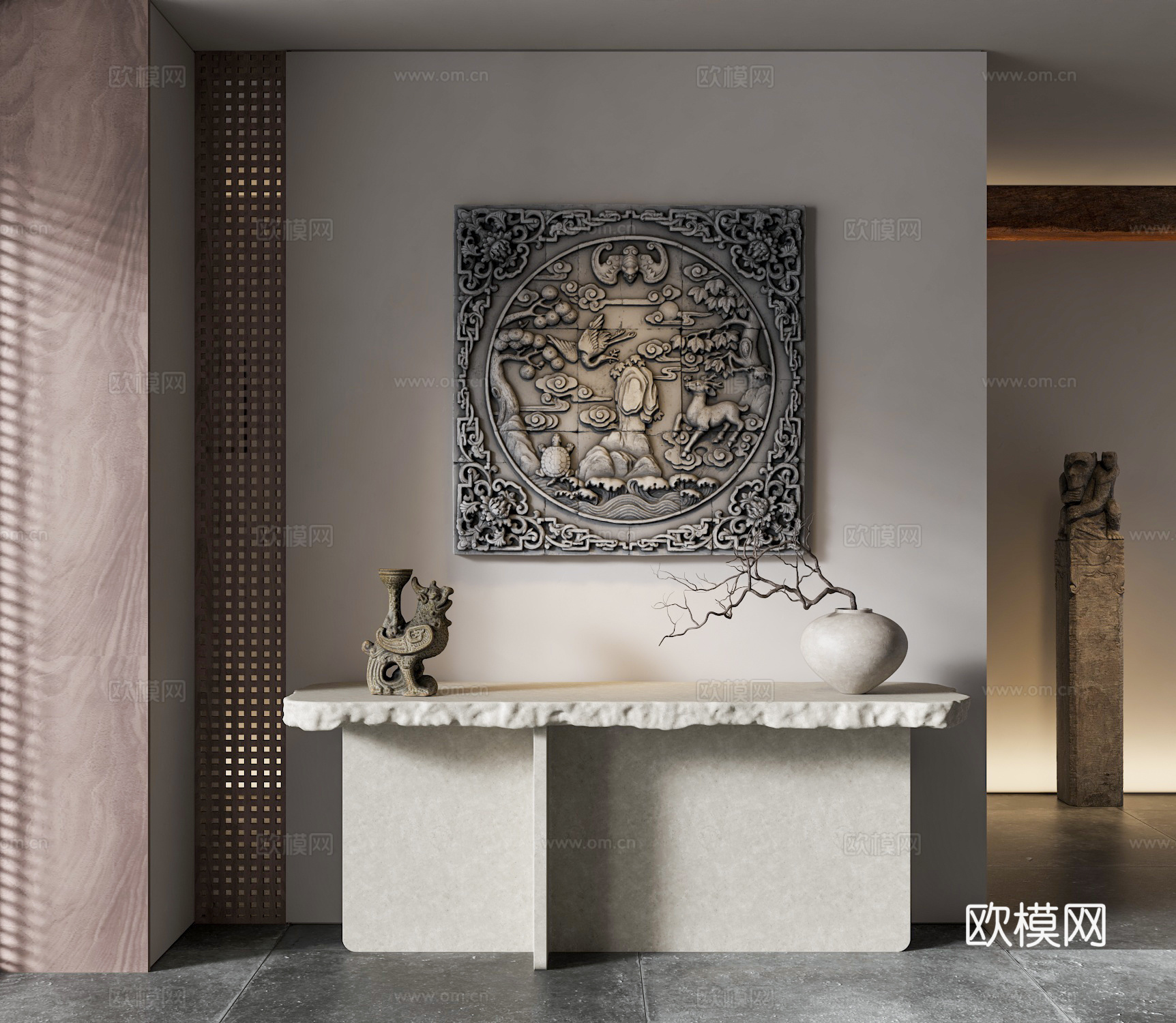 宋式美学玄关端景 玄关桌台 石头端景台 墙饰3d模型