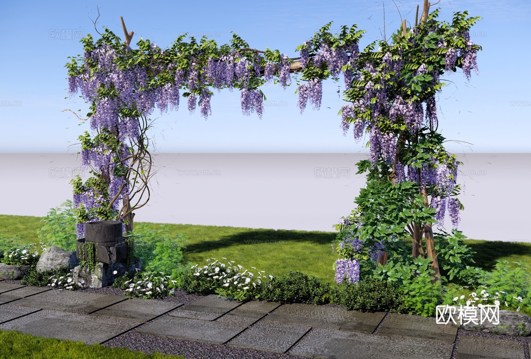新中式庭院小品 紫藤萝花架 庭院花园花架 紫藤萝爬藤植物su模型