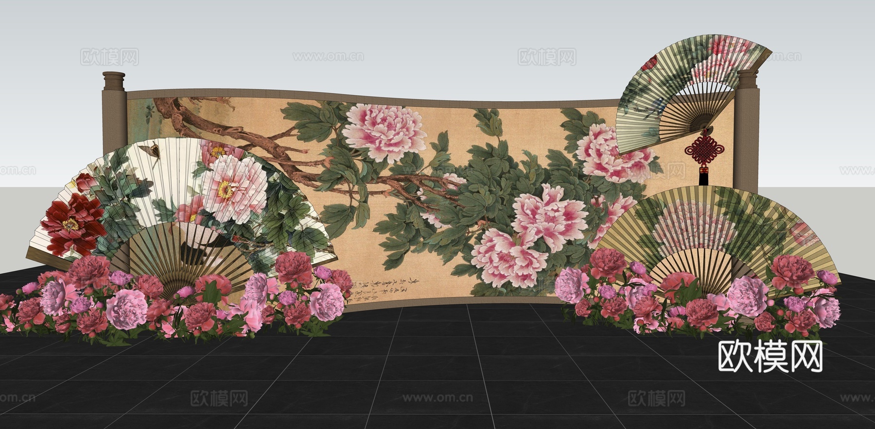 新中式美陈 中式创意画轴美陈 国潮牡丹花美陈 中式折扇美陈装su模型