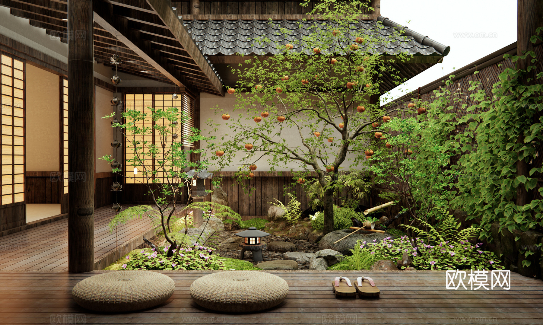日式庭院景观 柿子树 禅意庭院 水景 景观造景 植物景观su模型