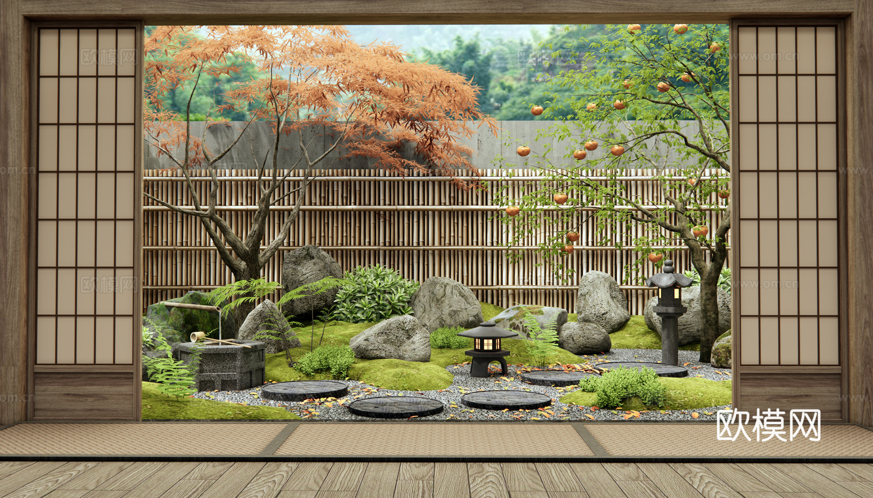 日式禅意庭院景观 汀步 景观石头 枯山水 植物景观 红枫su模型